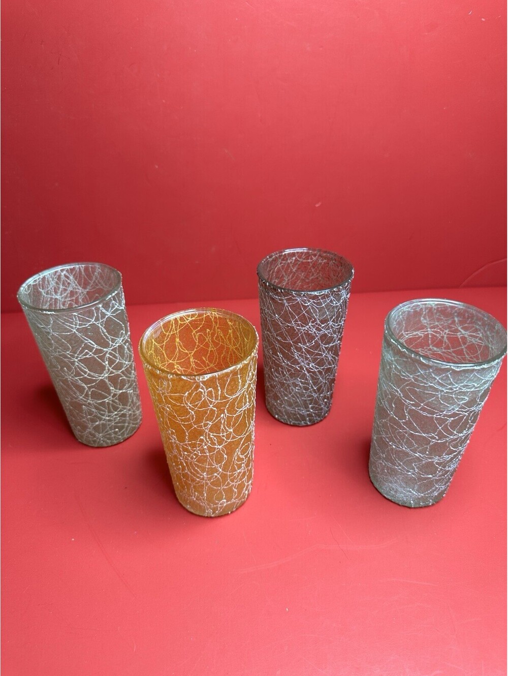 4 Spaghetti String Wrapped Tumblers Assort Colors Glass MCM Vintage Color Craft